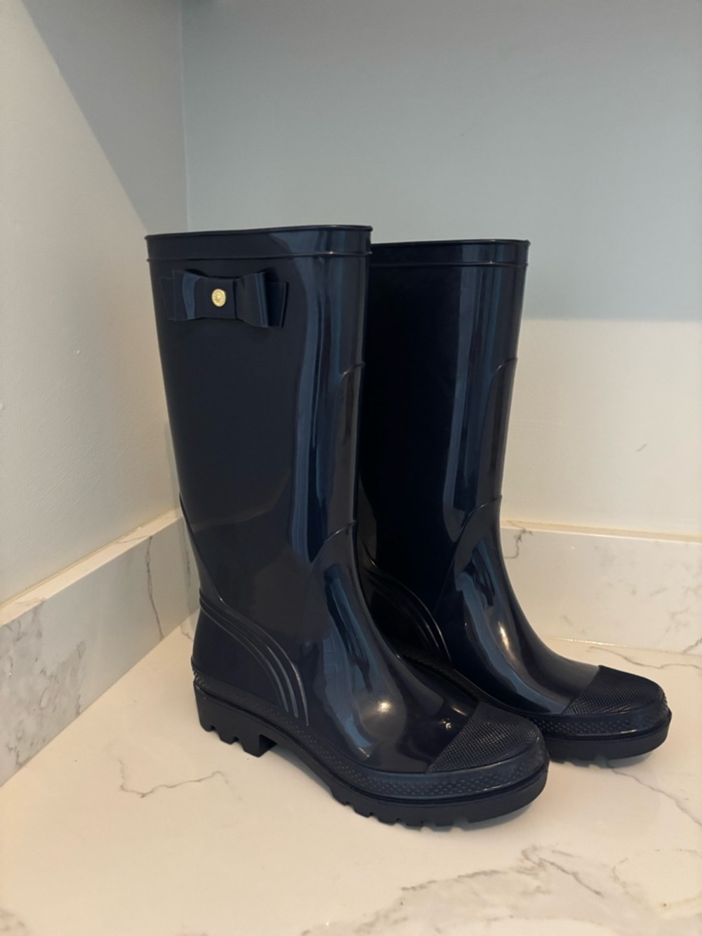 Jack Rogers Navy Gloss Rain Boots with Bow Detail